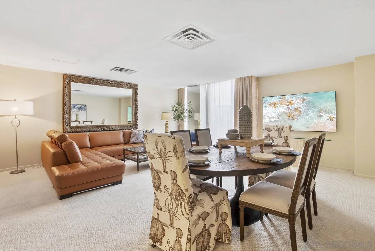 939 Coast Boulevard, Unit 4H La Jolla, CA 92037 - Photo 9 of 39 a view of a dining room with furniture and a large window