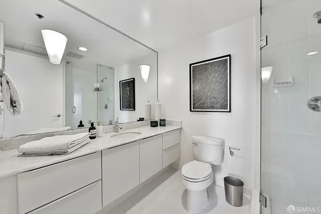 a bathroom with a shower and a toilet