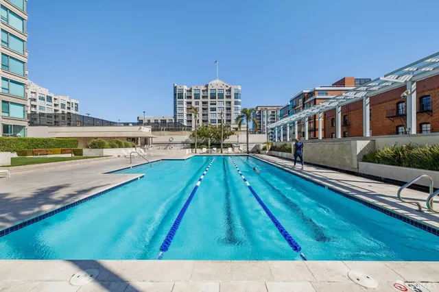 a view of a building with a swimming pool