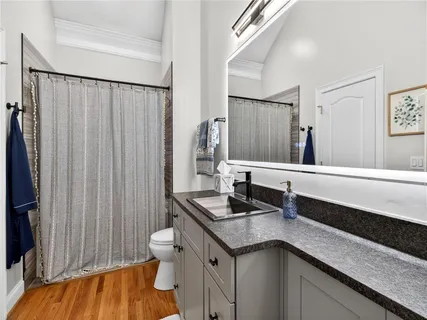 a bathroom with a granite countertop toilet sink and mirror