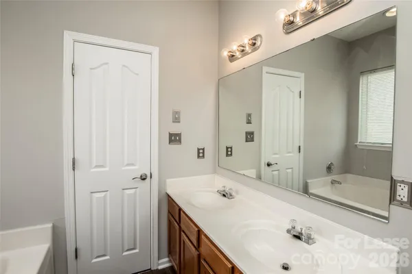 a bathroom with a tub sink and mirror