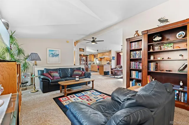 a living room with furniture and a book shelf