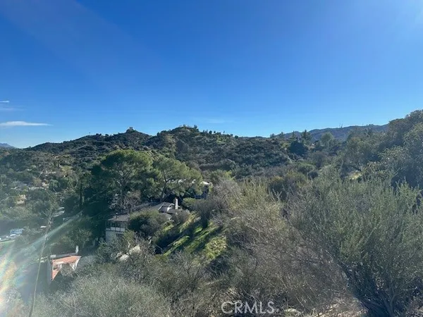 a view of a mountain in the distance in a field