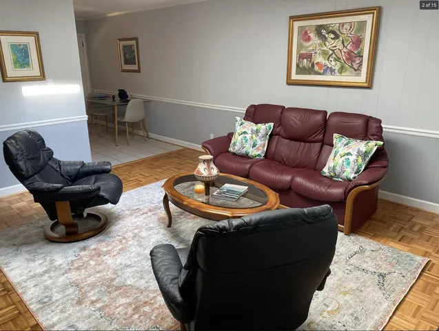 a living room with furniture rug and a window