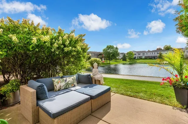 a view of a backyard with couches and a patio