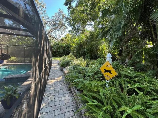 a view of a backyard with swimming pool