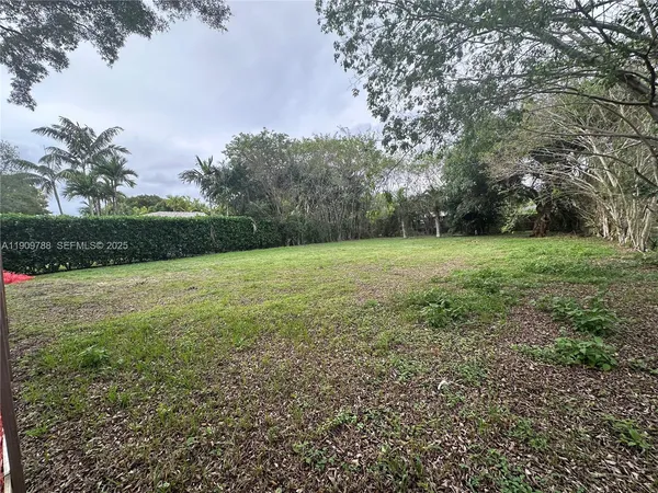 a view of a grassy field with trees in the background