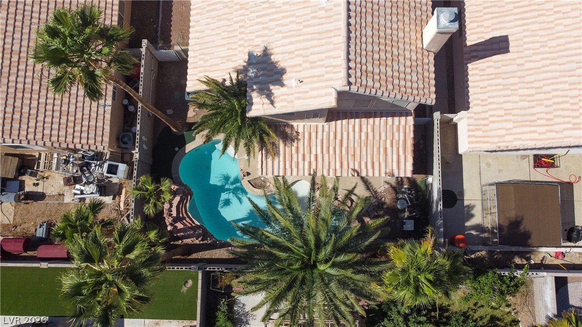 6429 Winding Ridge Las Vegas, NV 89156 - Photo 5 of 16 An aerial perspective reveals a sparkling pool nestled amidst lush palm trees, offering a private outdoor retreat.