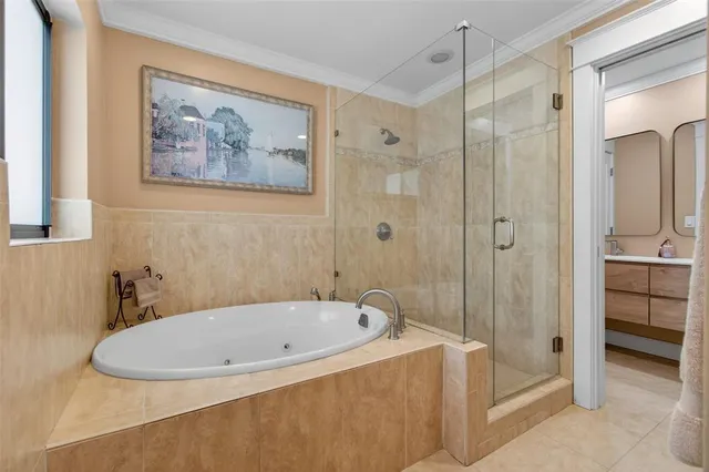 a bathroom with a bathtub and a shower