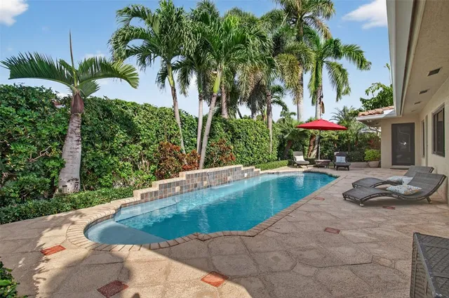 a view of a swimming pool with a yard
