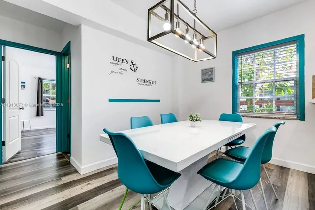 a view of a dining room with furniture window and wooden floor
