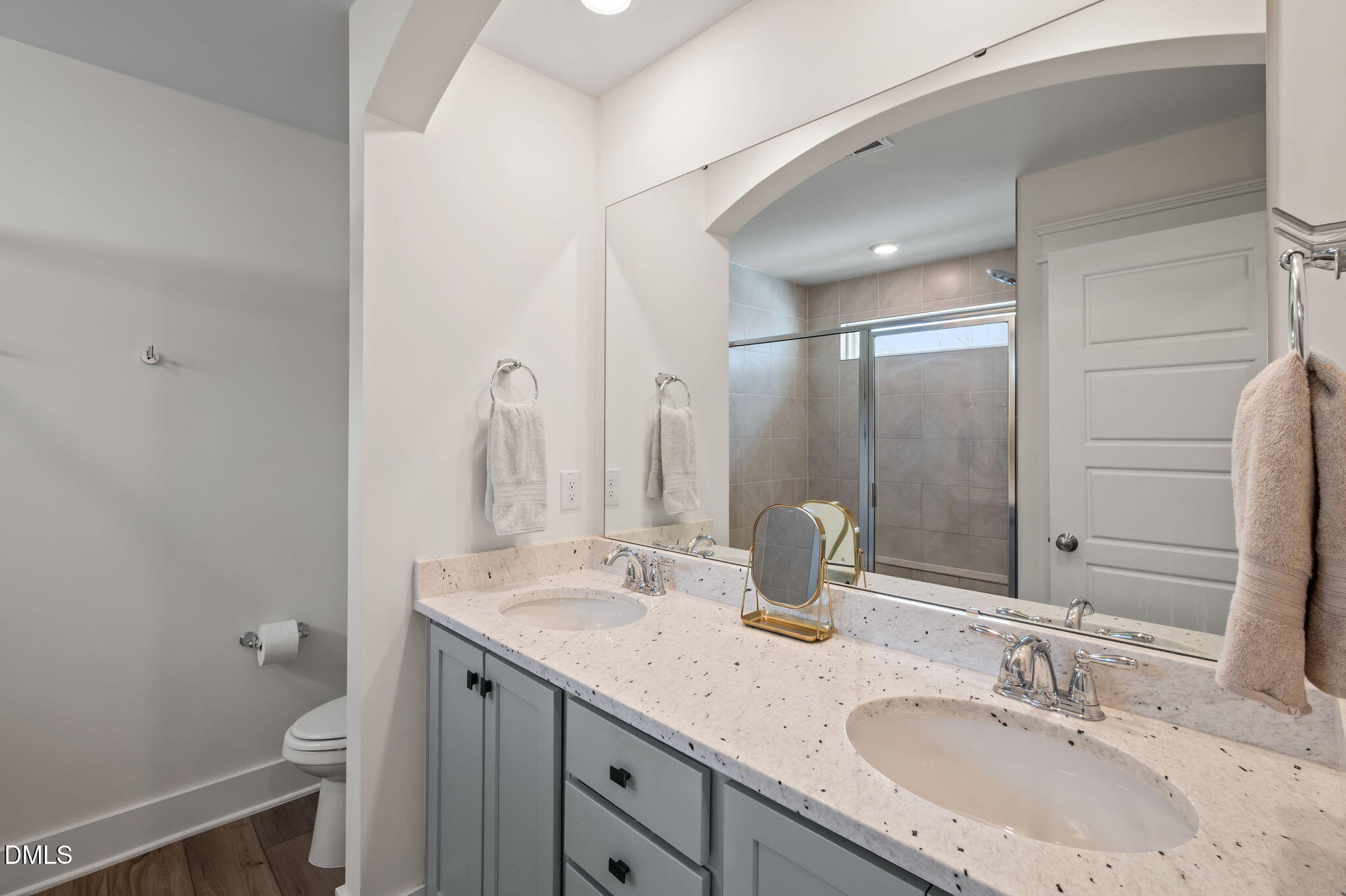 1000 Heartstone Way Durham, NC 27713 - Photo 19 of 43 a bathroom with a granite countertop sink a toilet and a large mirror