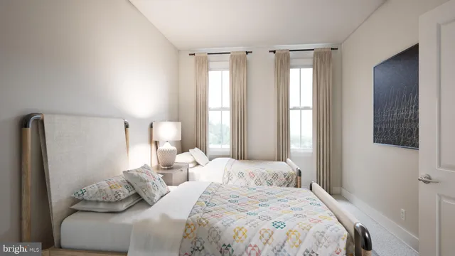 a bedroom with a bed and window with lamp