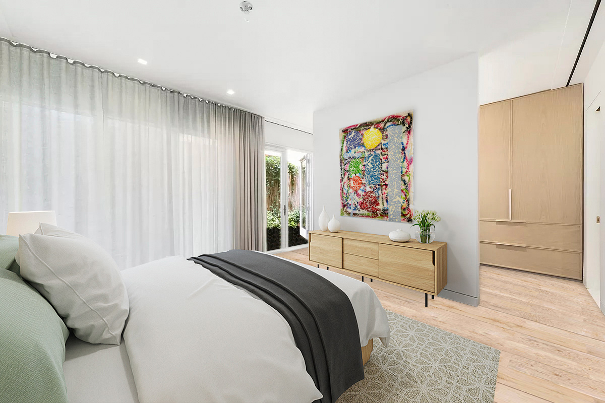 46 Laight Street, Unit PH4 Manhattan, NY 10013 - Photo 7 of 17 a bedroom with a bed and a painting on the wall