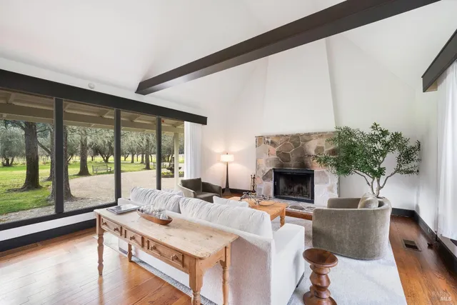a living room with furniture a fireplace and a large window