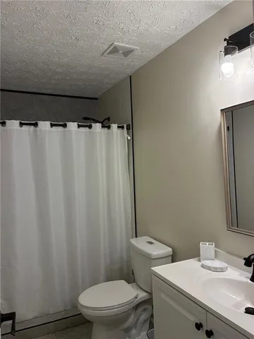 a bathroom with a sink a toilet a shower curtain and a mirror