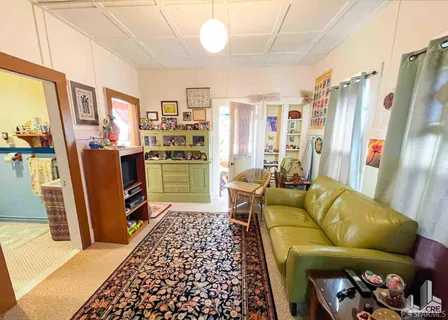a living room with furniture and a rug