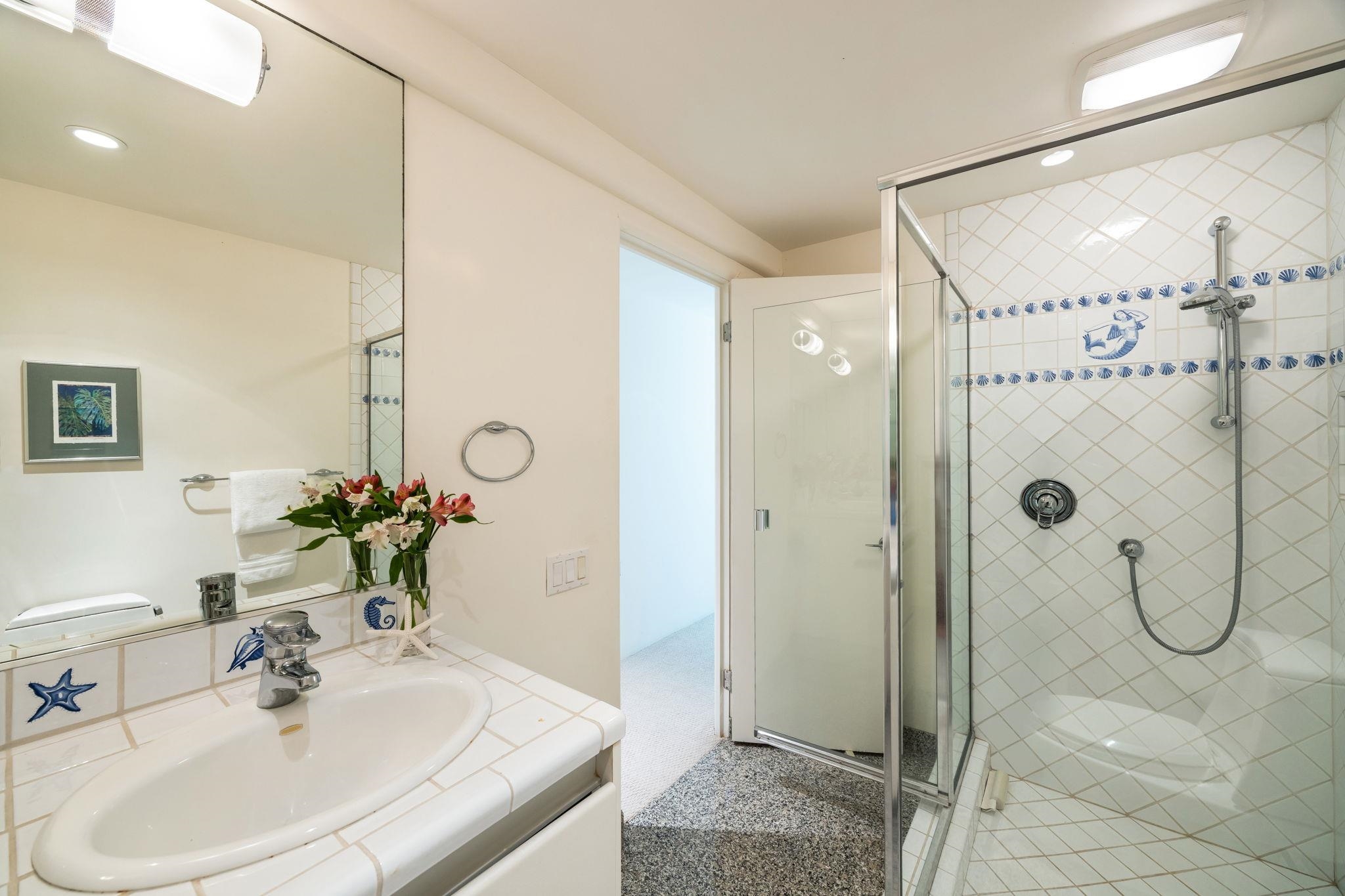 5045 Lower Honoapiilani Road, Unit 9 Lahaina, HI 96761 - Photo 40 of 50 a bathroom with a shower sink and mirror