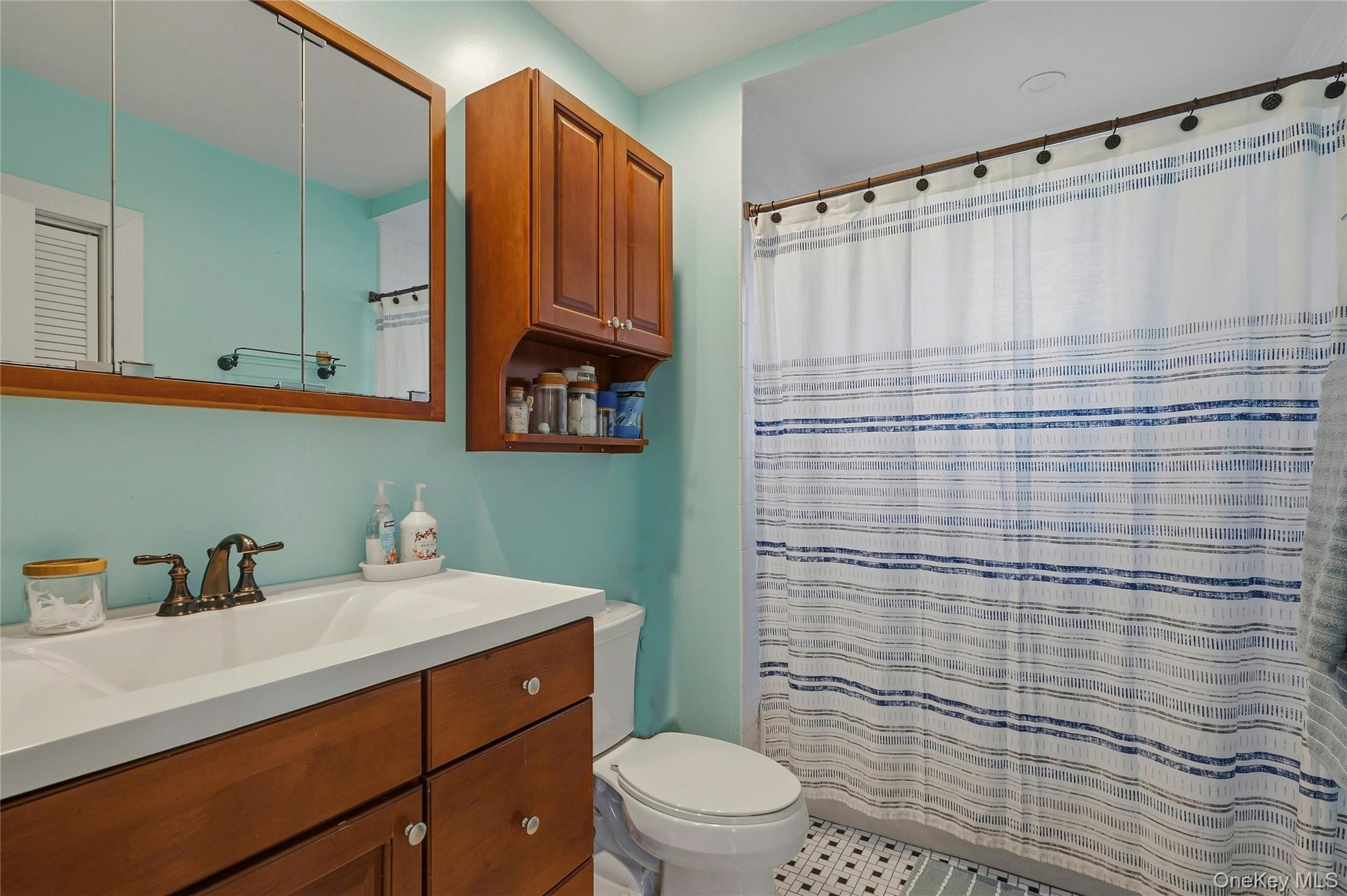36 Columbine Road Rocky Point, NY 11778 - Photo 14 of 37 a bathroom with a sink a toilet and shower curtain