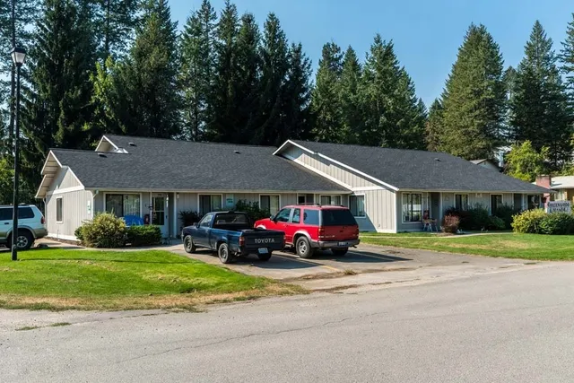 a car parked in front of a house with a yard