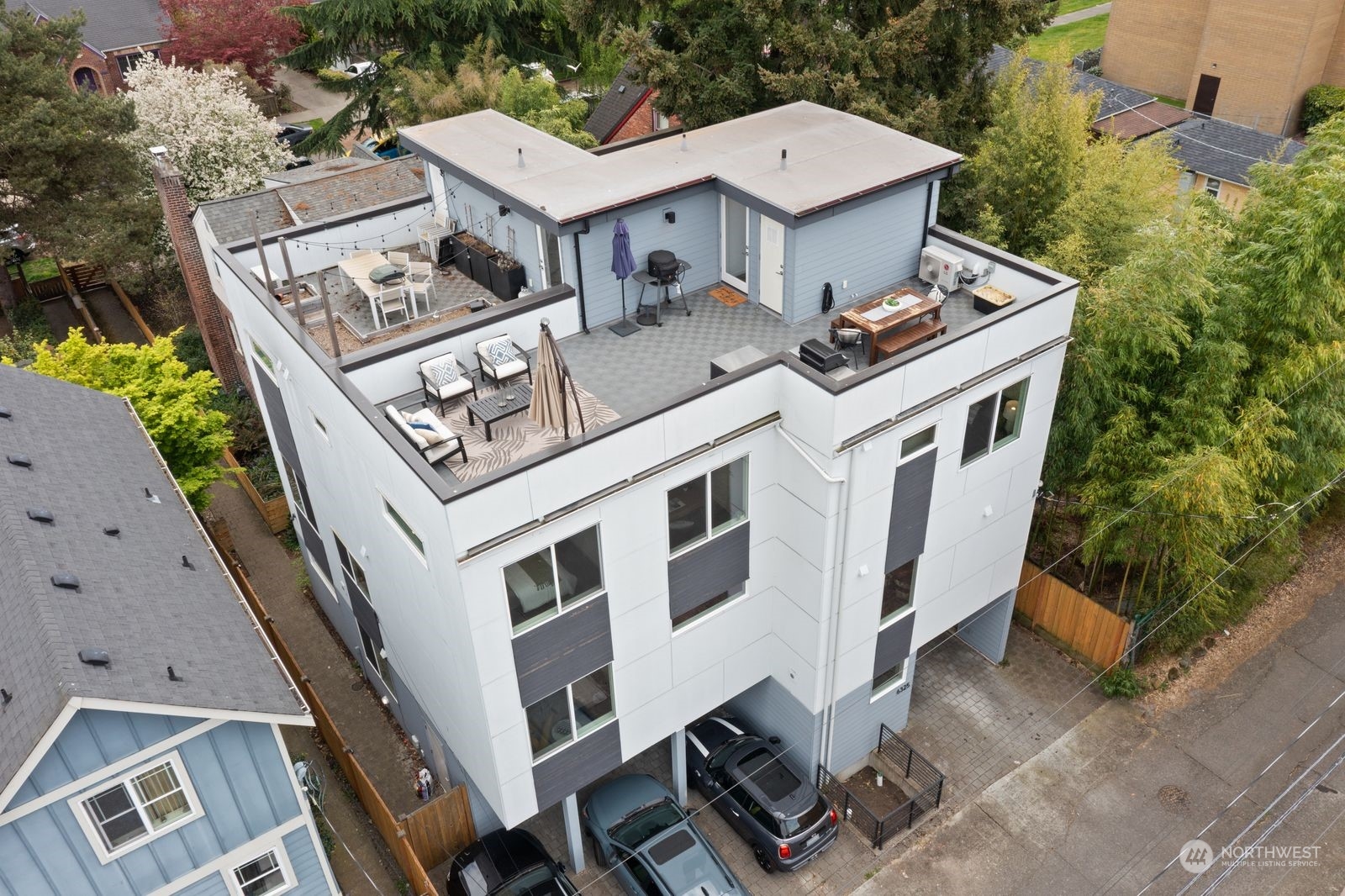 an aerial view of a house with balcony