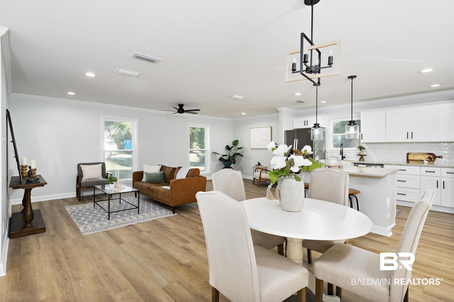 6001 Camp Halls Mill Road Mobile, AL 36619 - Photo 10 of 52 Dining room featuring a ceiling fan, light wood-type flooring, recessed lighting, and ornamental molding