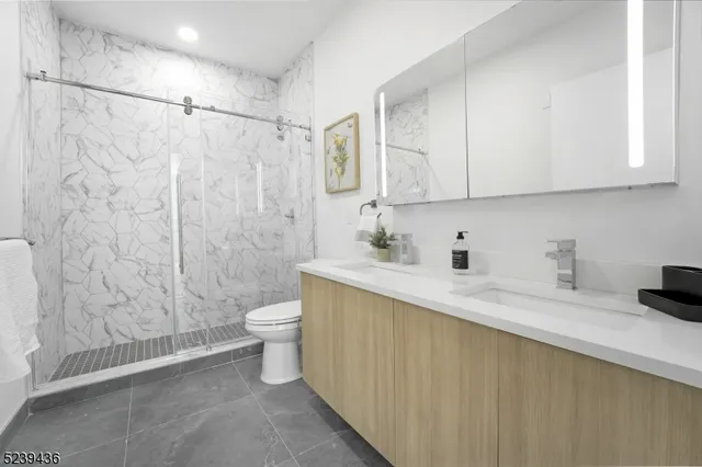 a bathroom with a granite countertop sink a toilet and shower