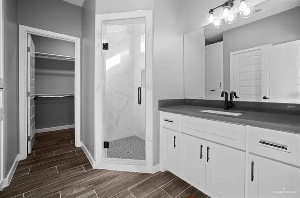 a bathroom with a shower and a sink