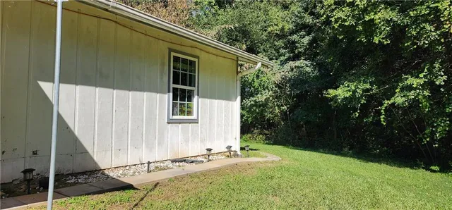 a backyard of a house with plants and large trees