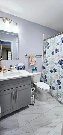 a bathroom with a sink a toilet and shower