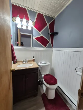 a bathroom with a toilet sink vanity and mirror