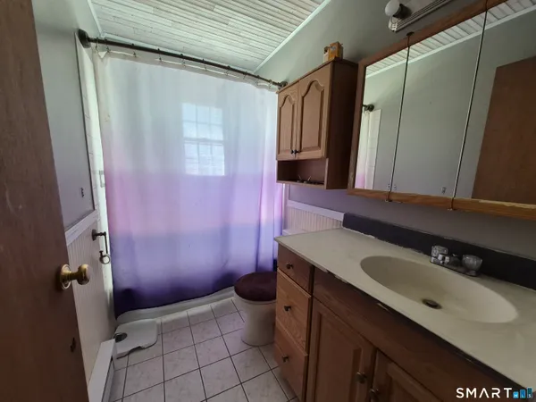 a bathroom with a sink a toilet a mirror and shower