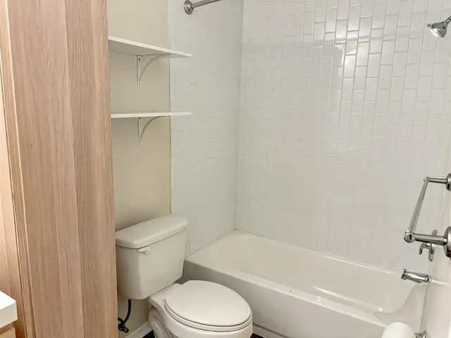 a white toilet sitting next to a bath tub