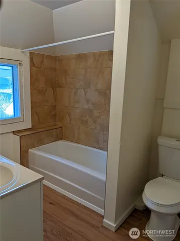 a bathroom with a toilet and a bathtub