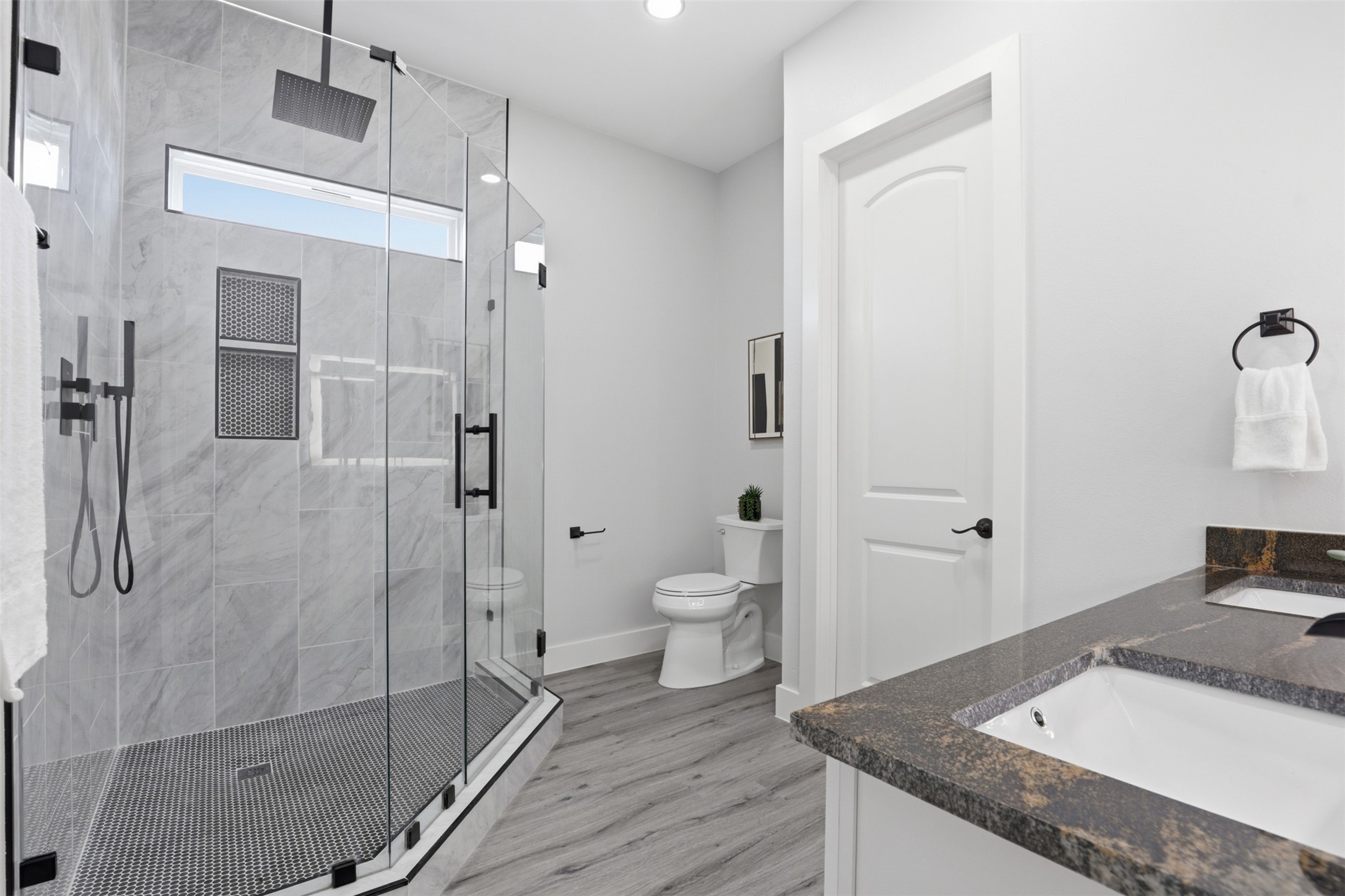 123 Los Robles Road Elgin, TX 78621 - Photo 13 of 21 Modern bathroom featuring a spacious glass-enclosed shower with a rainfall showerhead and black hardware