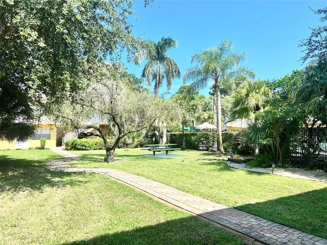 a view of a park with large trees