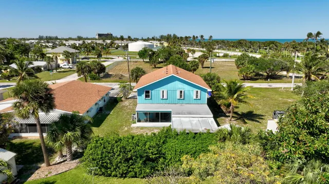 an aerial view of a house with a yard and potted plants