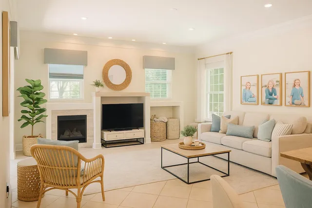 a living room with furniture a fireplace and a large window
