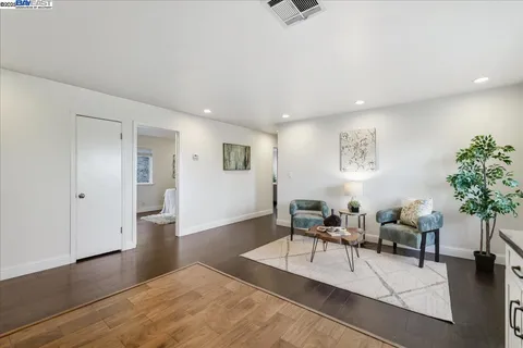 a living room with furniture and potted plants with wooden floor