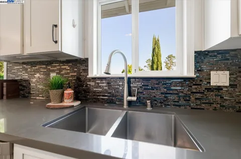 a kitchen with a sink and a potted plant