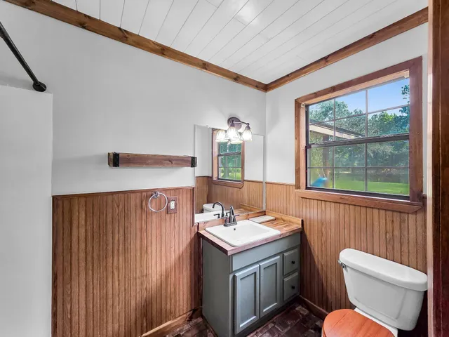 a bathroom with a sink a toilet and a mirror
