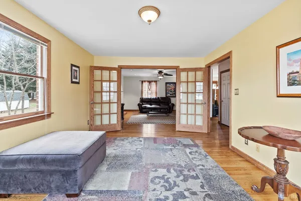 a living room with a couch and a table