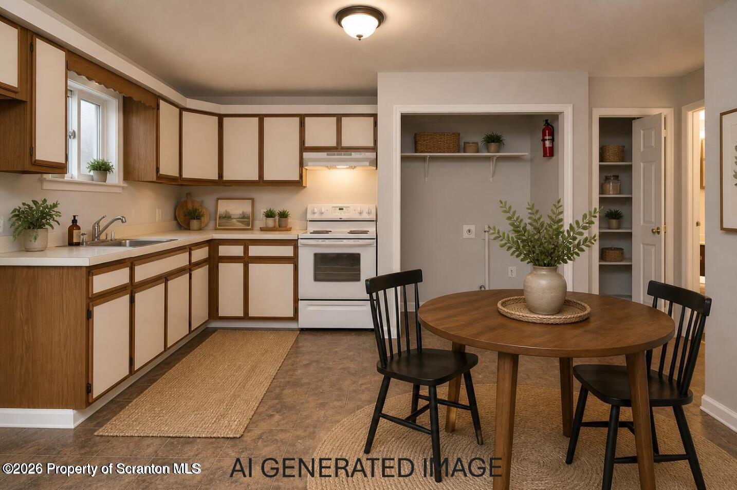 1418 North Main Avenue Scranton, PA 18508 - Photo 8 of 26 a kitchen with stainless steel appliances granite countertop a stove a sink dishwasher a dining table and chairs with wooden floor