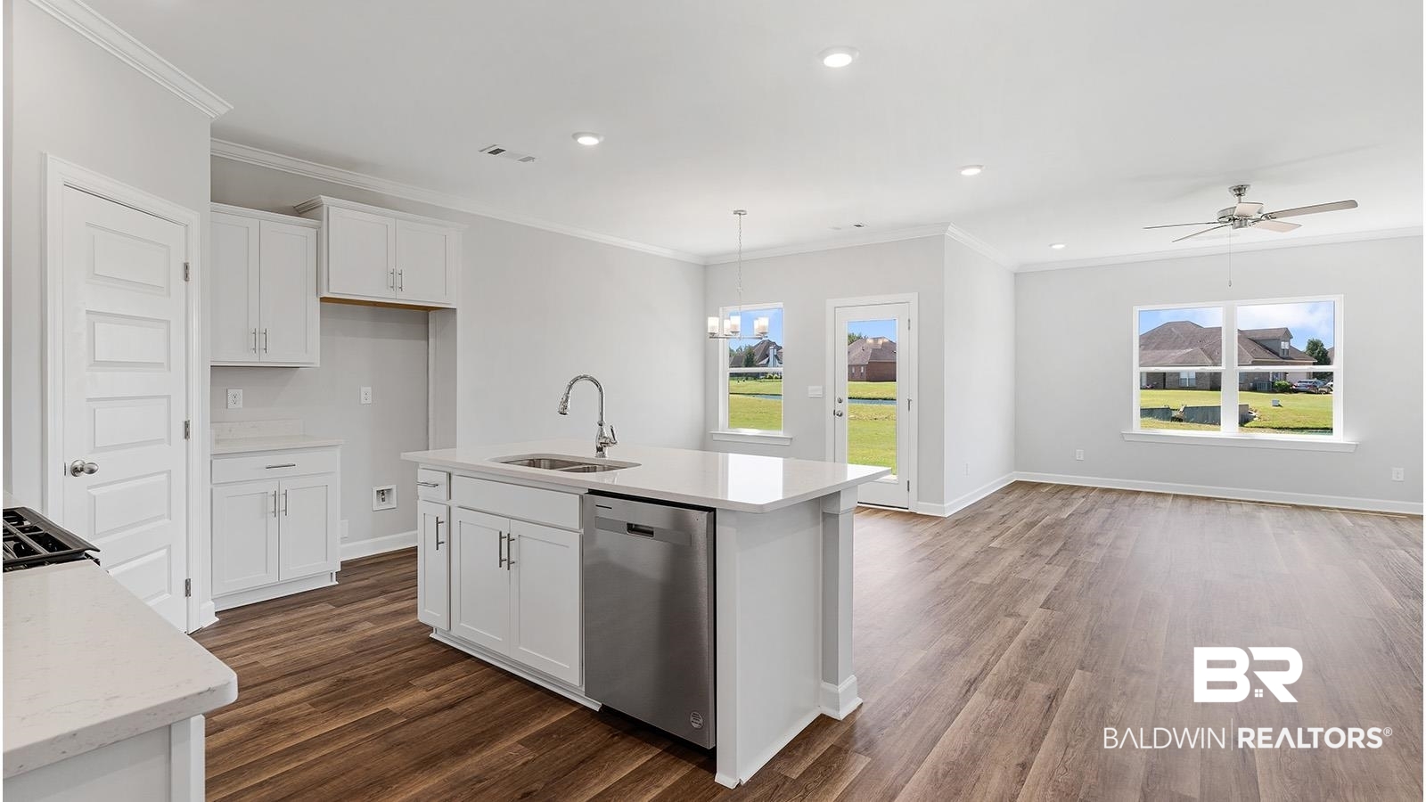 30567 Asheville Road Daphne, AL 36527 - Photo 2 of 29 Kitchen featuring ornamental molding, dishwasher, recessed lighting, ceiling fan, and dark wood-style flooring