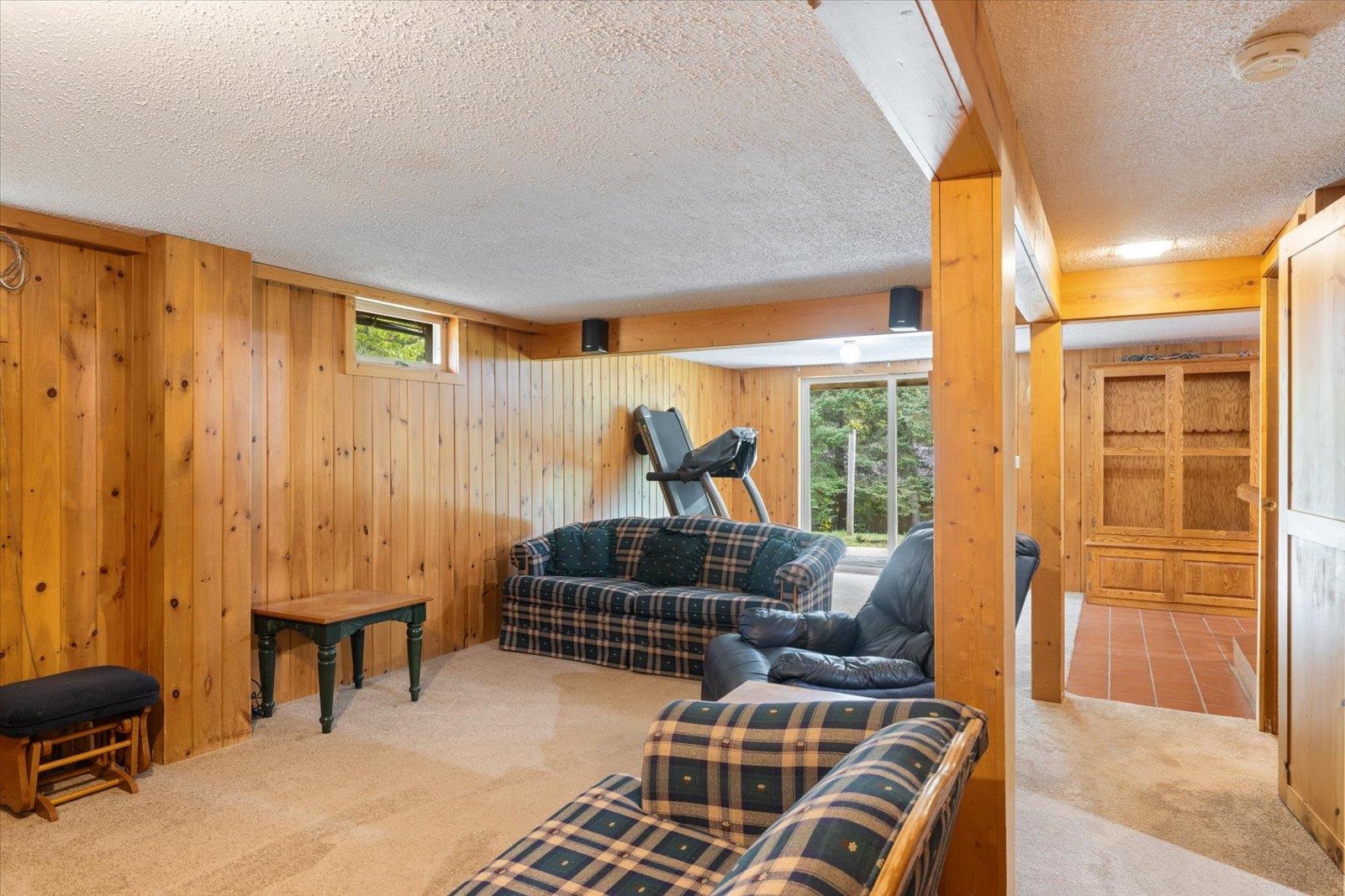 236 East Ahola Road Ely, MN 55731 - Photo 11 of 27 Carpeted living area featuring a textured ceiling and wood walls