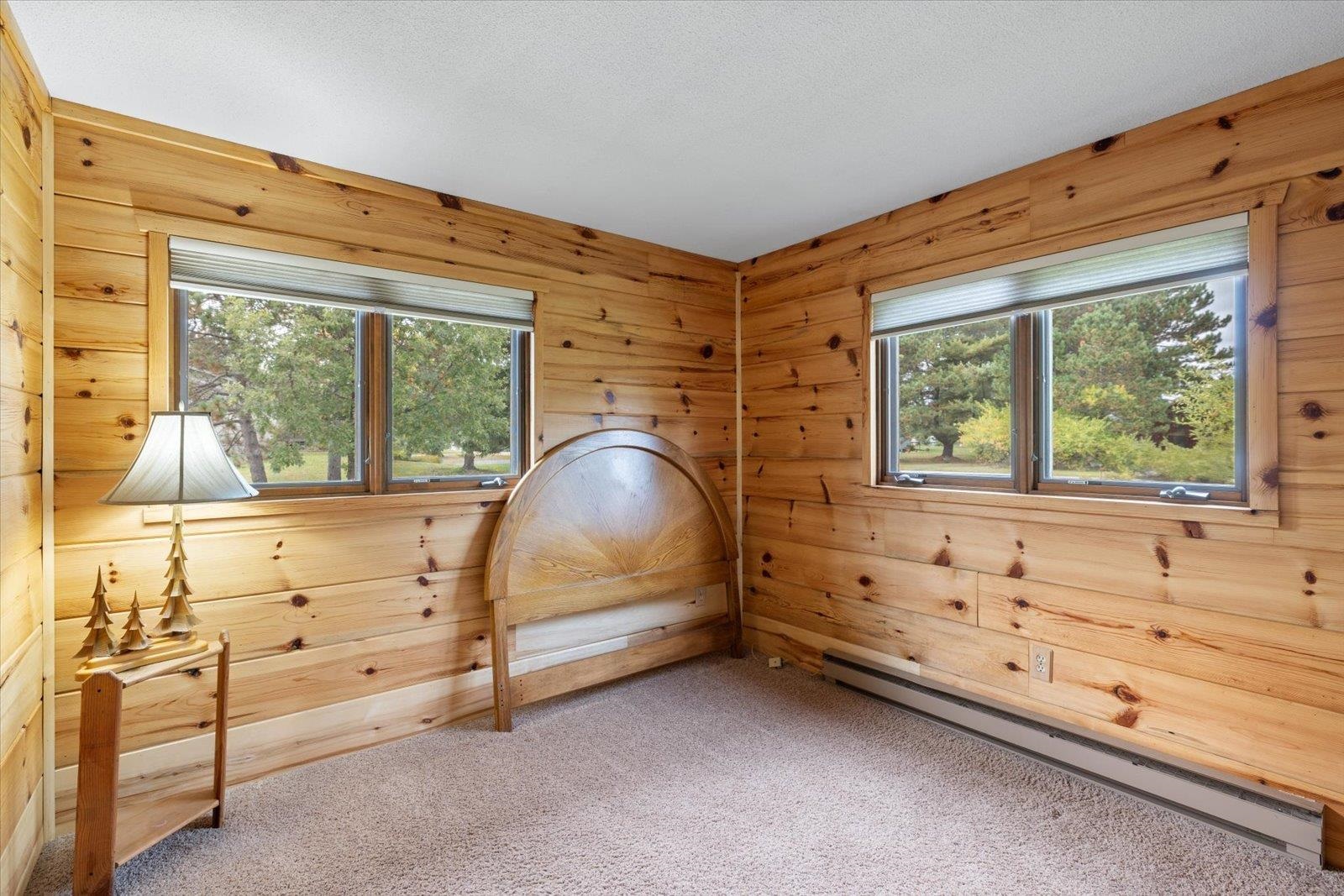 236 East Ahola Road Ely, MN 55731 - Photo 12 of 27 Unfurnished bedroom featuring carpet flooring, a baseboard heating unit, and wooden walls