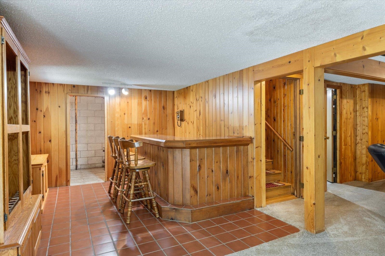 236 East Ahola Road Ely, MN 55731 - Photo 15 of 27 Indoor dry bar featuring tile patterned flooring, wooden walls, a textured ceiling, carpet, and stairs