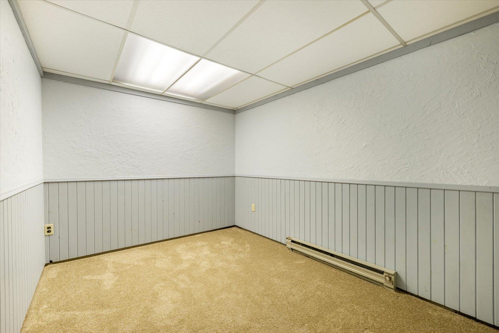 236 East Ahola Road Ely, MN 55731 - Photo 20 of 27 Carpeted empty room with a textured wall, a baseboard radiator, wainscoting, and a paneled ceiling