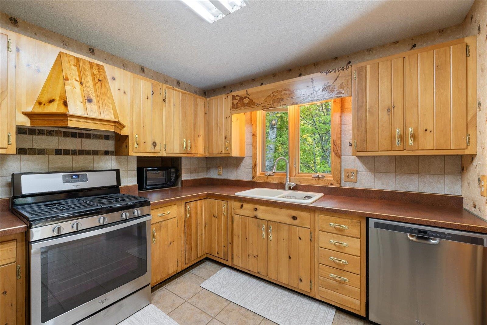 236 East Ahola Road Ely, MN 55731 - Photo 5 of 27 Kitchen featuring stainless steel appliances, tasteful backsplash, premium range hood, and dark countertops