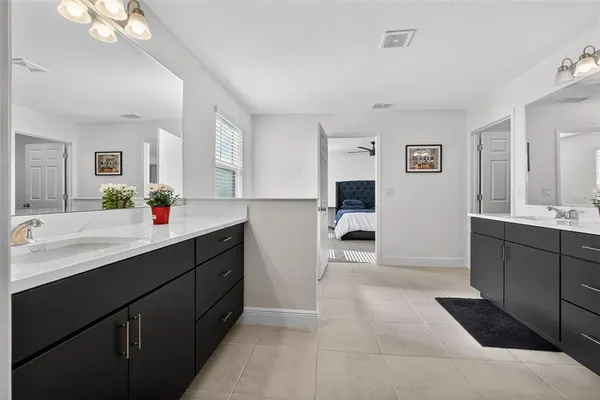 a bathroom with a sink vanity and a mirror